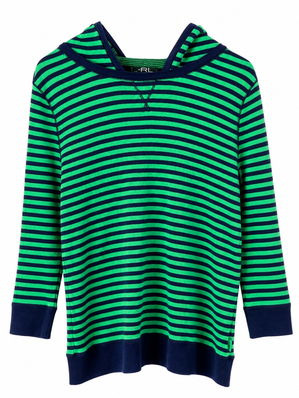 Ralph Lauren Active Hooded Thermal Top XL Green Navy Stripe 3/4 Sleeve